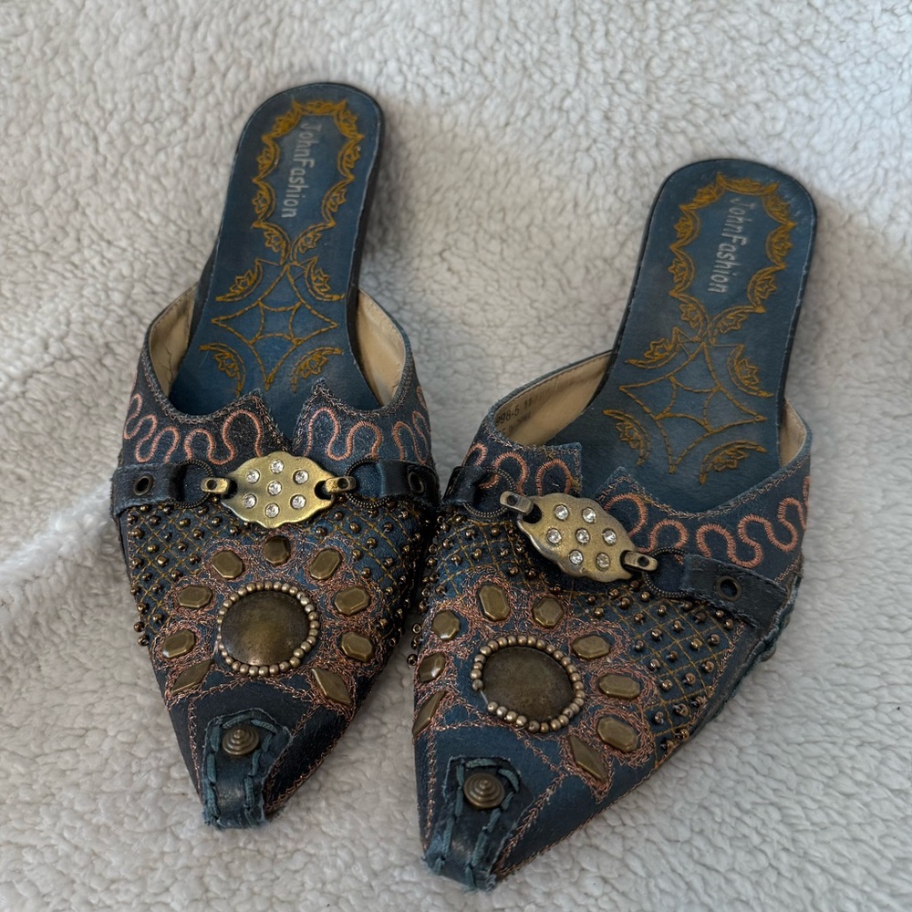 Embellished Blue Slip-On Mules